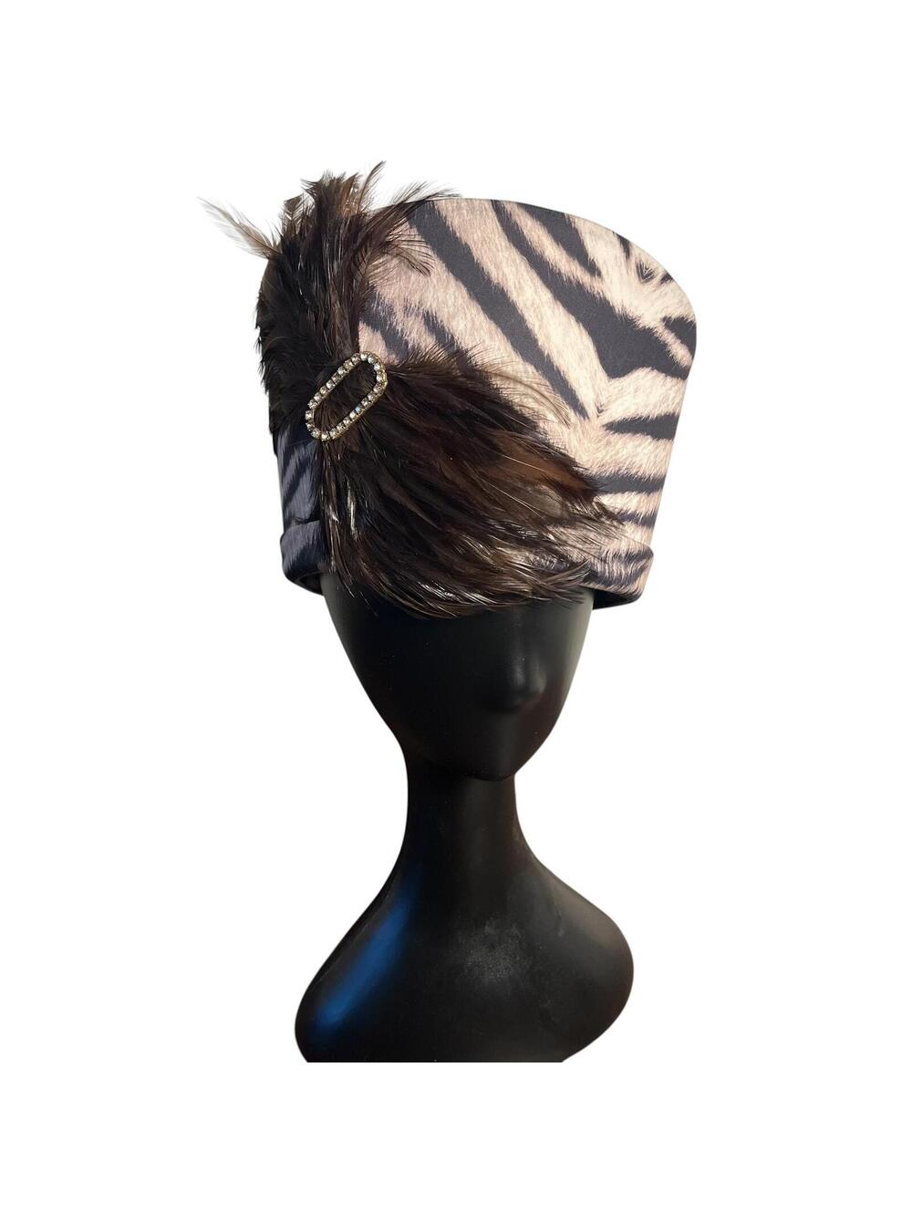 Vintage Runway Zebra Print Pillbox Hat with Feather and Rhinestone Brooch